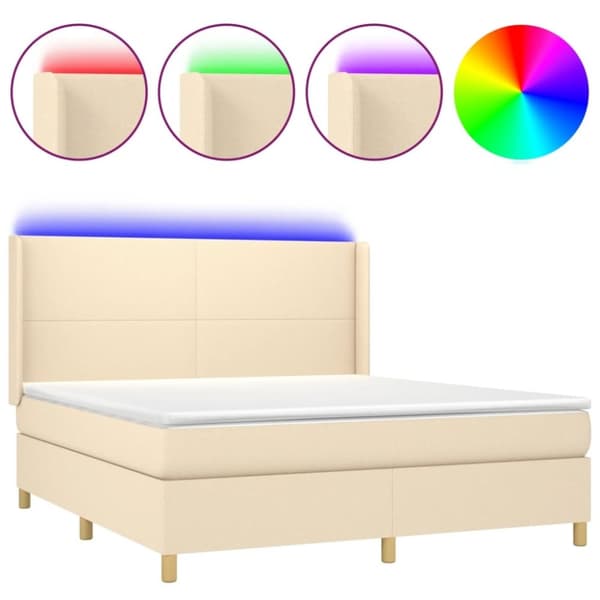 vidaXL Ramsäng med madrass & LED gräddvit 160x200 cm tyg