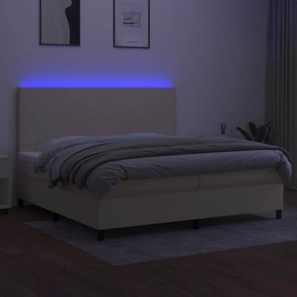 vidaXL Ramsäng med madrass & LED gräddvit 200x200 cm tyg