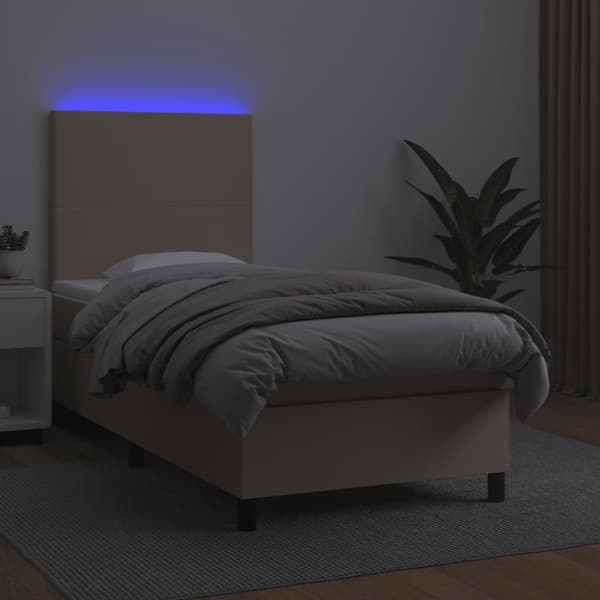 vidaXL Ramsäng med bäddmadrass & LED cappuccino 90x200 cm konstläder