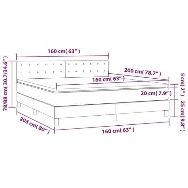 vidaXL Ramsäng med madrass & LED mörkgrå 160x200 cm sammet
