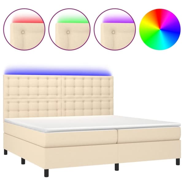 vidaXL Ramsäng med madrass & LED gräddvit 200x200 cm tyg