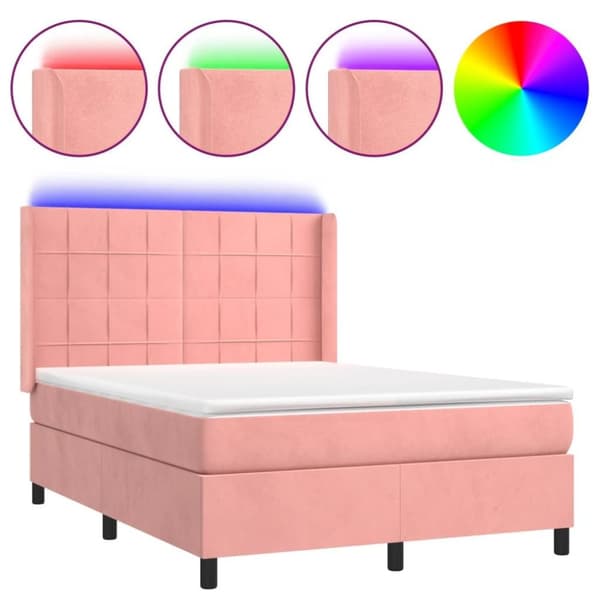 vidaXL Ramsäng med madrass rosa & LED 140x200 cm sammet