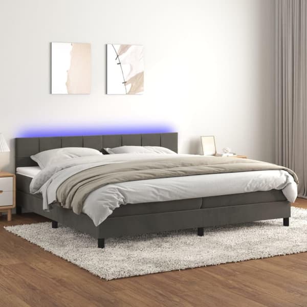 vidaXL Ramsäng med madrass & LED mörkgrå 200x200 cm sammet