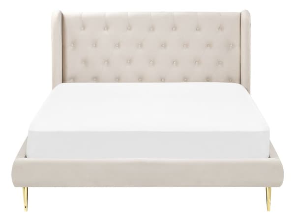 Seng Grå Velour Stof Guld Metalben 140 x 200 cm Seng med Sengegavl Knap Tuftet Minimalistisk Skandinavisk Moderne Design