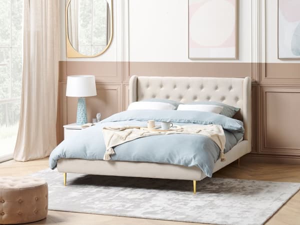 Seng Grå Velour Stof Guld Metalben 140 x 200 cm Seng med Sengegavl Knap Tuftet Minimalistisk Skandinavisk Moderne Design