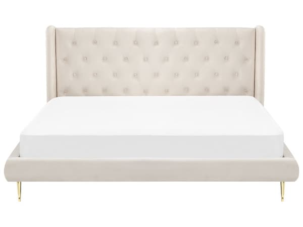 Seng Grå Velour Stof Guld Metalben 140 x 200 cm Seng med Sengegavl Knap Tuftet Minimalistisk Skandinavisk Moderne Design