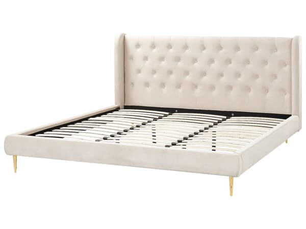 Seng Grå Velour Stof Guld Metalben 140 x 200 cm Seng med Sengegavl Knap Tuftet Minimalistisk Skandinavisk Moderne Design