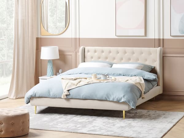Seng Grå Velour Stof Guld Metalben 140 x 200 cm Seng med Sengegavl Knap Tuftet Minimalistisk Skandinavisk Moderne Design