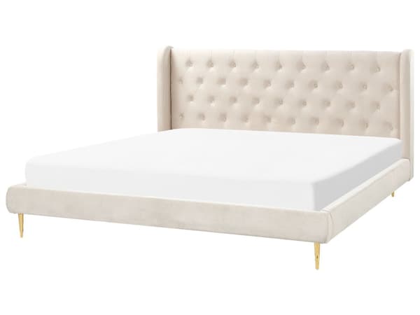 Seng Grå Velour Stof Guld Metalben 140 x 200 cm Seng med Sengegavl Knap Tuftet Minimalistisk Skandinavisk Moderne Design