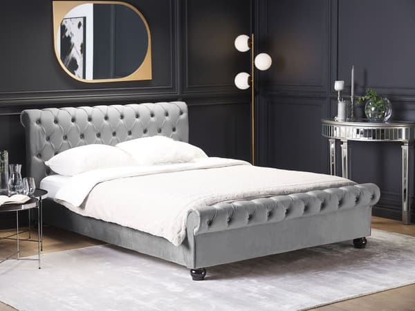Seng Lysegrå Velour Stof 160 x 200 cm Dobbeltseng Chesterfield Vandseng Vandmadras Knap Tuftet Sengegavl Glamour Velourseng Plejemiddel