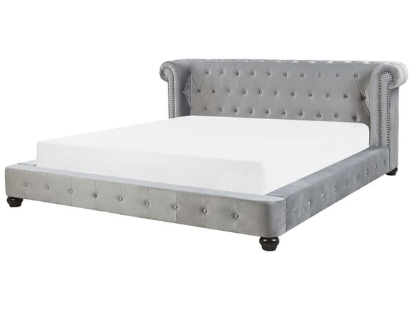 Seng Grå Velour Stof 160 x 200 cm Dobbeltseng Chesterfield Vandseng Vandmadras Knap Tuftet Sengegavl Vintage Futon Velourseng Plejemiddel