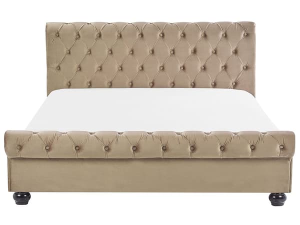 Seng Beige Velour Stof 180 x 200 cm Dobbeltseng Chesterfield Vandseng Vandmadras Knap Tuftet Sengegavl Vintage Velourseng Plejemiddel