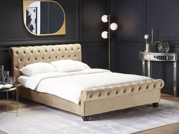 Seng Beige Velour Stof 180 x 200 cm Dobbeltseng Chesterfield Vandseng Vandmadras Knap Tuftet Sengegavl Vintage Velourseng Plejemiddel