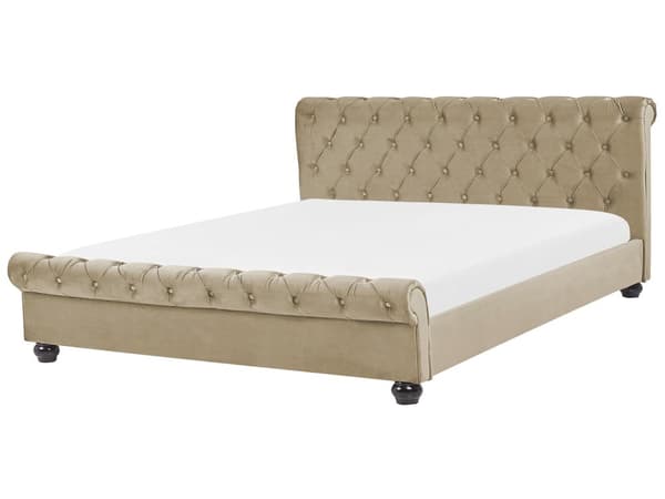 Seng Beige Velour Stof 180 x 200 cm Dobbeltseng Chesterfield Vandseng Vandmadras Knap Tuftet Sengegavl Vintage Velourseng Plejemiddel