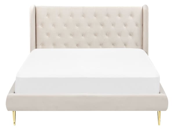 Dubbelsäng Lamellbädd Beige Sammetsklädsel 160 x 200 cm Tuftad Sänggavel Modern Design