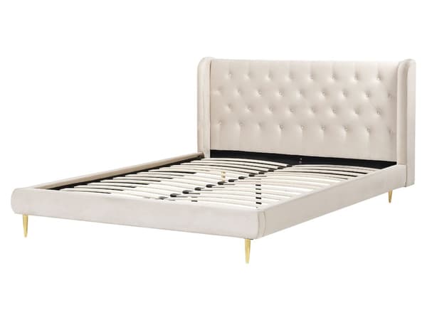 Dubbelsäng Lamellbädd Beige Sammetsklädsel 160 x 200 cm Tuftad Sänggavel Modern Design