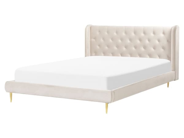 Dubbelsäng Lamellbädd Beige Sammetsklädsel 160 x 200 cm Tuftad Sänggavel Modern Design
