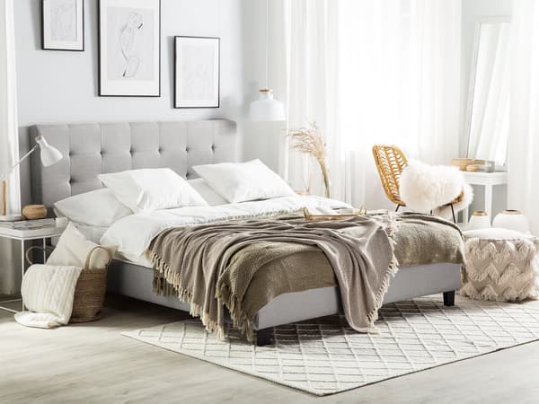 Vesisänky vaaleanharmaa kangas verhoilu 160 x 200 cm tarvikkeilla tuftattu pääty glamour