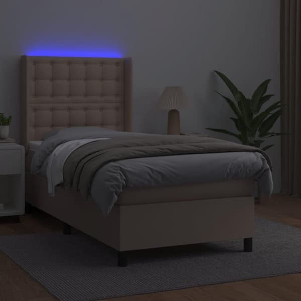 vidaXL kontinentalseng LED-lys 90x200 cm kunstlæder cappuccinofarvet