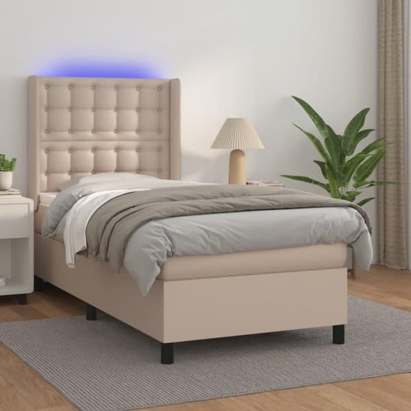 vidaXL kontinentalseng LED-lys 90x200 cm kunstlæder cappuccinofarvet