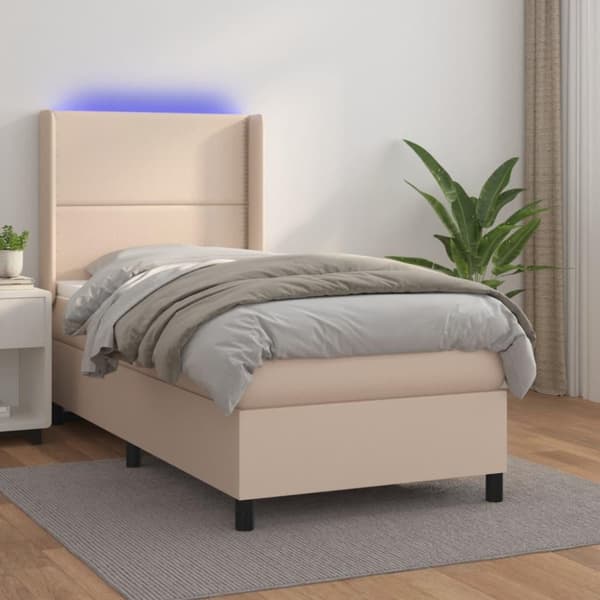 vidaXL kontinentalseng LED-lys 90x200 cm kunstlæder cappuccinofarvet