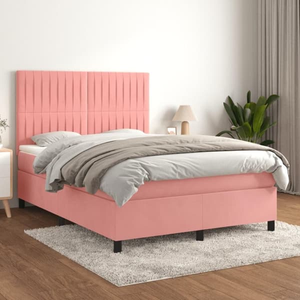 vidaXL kontinentalseng med madras 140x200 cm fløjl lyserød