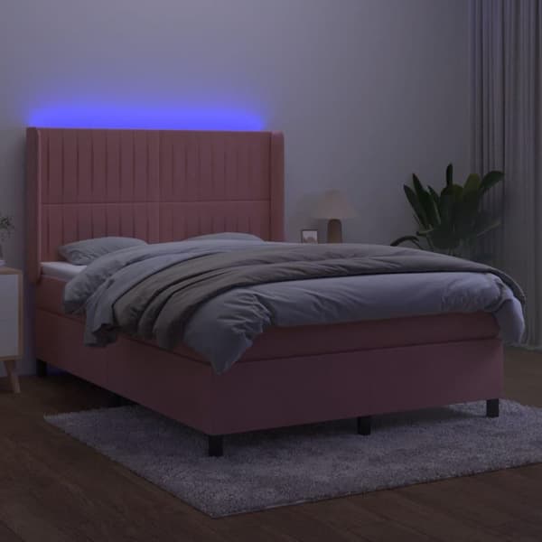 vidaXL kontinentalseng med LED-lys 140x200 cm fløjl lyserød