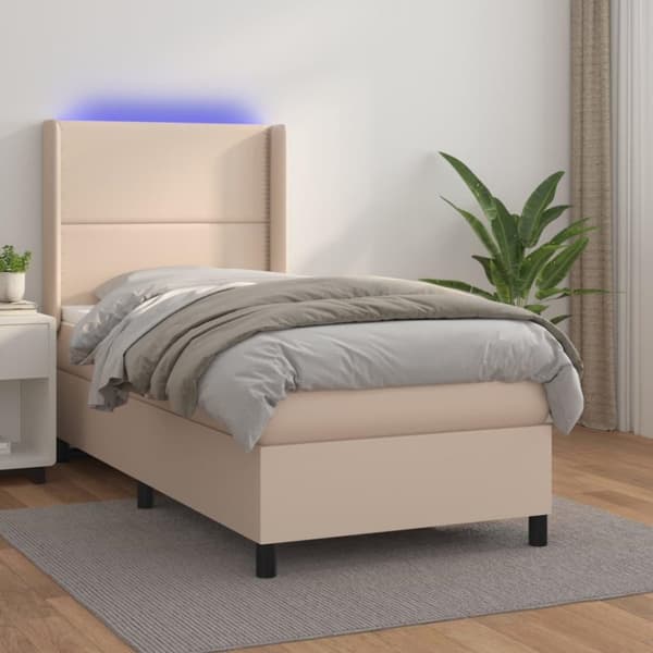 vidaXL kontinentalseng LED-lys 90x190 cm kunstlæder cappuccinofarvet