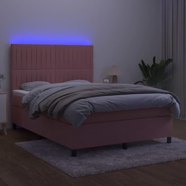 vidaXL kontinentalseng med LED-lys 140x200 cm fløjl lyserød