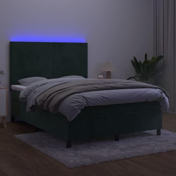 vidaXL kontinentalseng med LED-lys 140x200 cm fløjl mørkegrøn