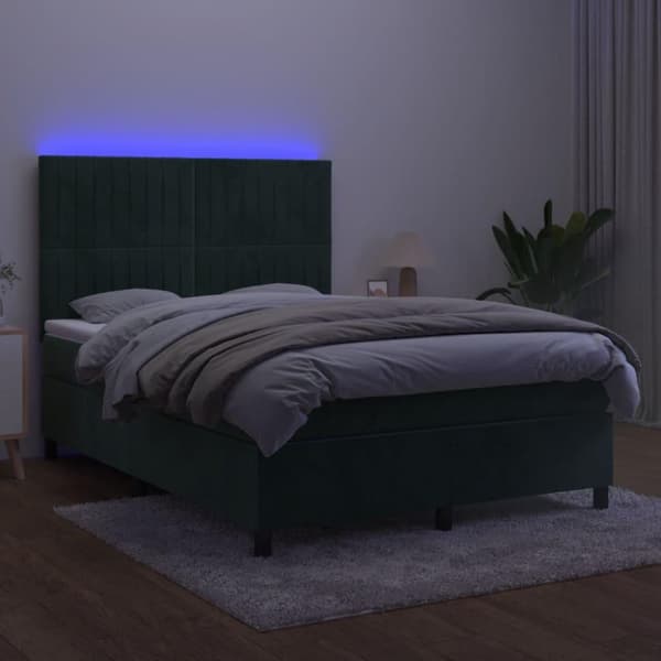 vidaXL kontinentalseng med LED-lys 140x190 cm fløjl mørkegrøn