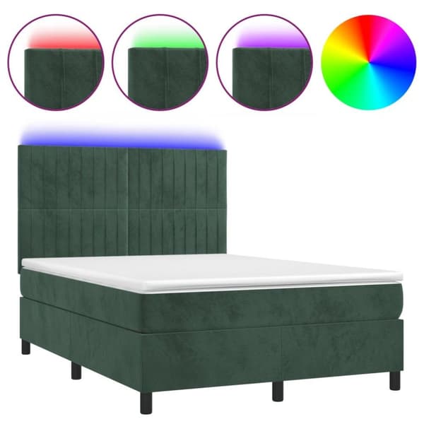 vidaXL kontinentalseng med LED-lys 140x190 cm fløjl mørkegrøn