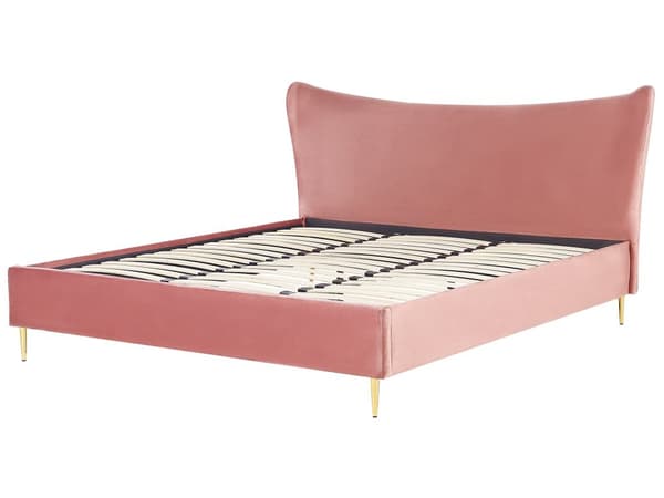 Seng Lyserød Velour 180 x 200 cm Polstret Stel Metalben Lamelbund Moderne Glamourøs Stil Soveværelse