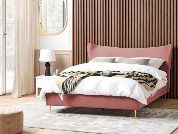 Seng Lyserød Velour 180 x 200 cm Polstret Stel Metalben Lamelbund Moderne Glamourøs Stil Soveværelse