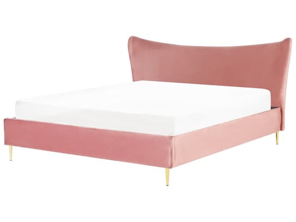 Seng Lyserød Velour 180 x 200 cm Polstret Stel Metalben Lamelbund Moderne Glamourøs Stil Soveværelse