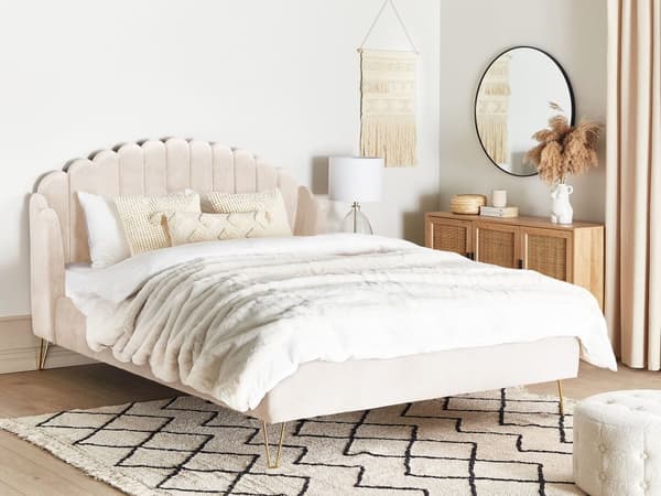 Parisänky vaalea beige 180 x 200 cm samettiverhoilu metallijalat sälepohja tuftattu retro