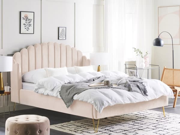 Parisänky vaalea beige 160 x 200 cm samettiverhoilu metallijalat sälepohja tuftattu retro