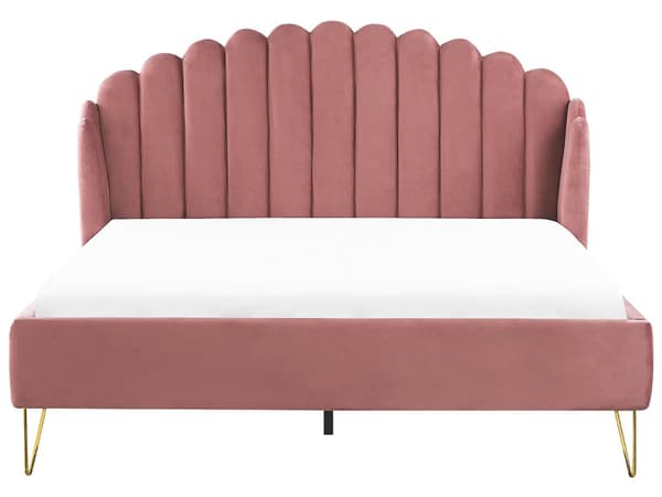 Seng Lyserød Velour 180 x 200 cm Moderne To Mands Seng Kanal Tuftet Sengegavl Dobbeltseng Sengeramme Retro Design Metalben