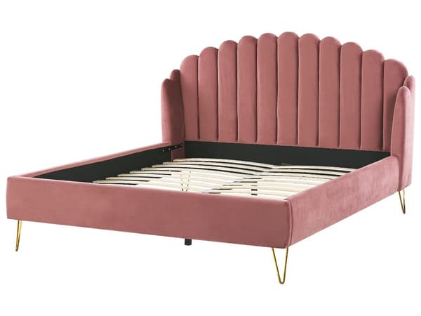 Seng Lyserød Velour 180 x 200 cm Moderne To Mands Seng Kanal Tuftet Sengegavl Dobbeltseng Sengeramme Retro Design Metalben