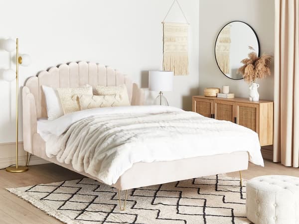Seng Beige Velour 140 x 200 cm Moderne Trekvart Seng Kanal Tuftet Sengegavl Halvandenmands 3 kvart Seng Retro Design Metalben
