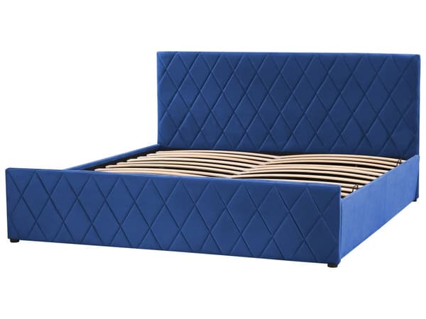 Seng Blå Velour 180 x 200 cm Moderne To Mands Seng med Opbevaring Blød Sengegavl Dobbeltseng Sengeramme Retro Design