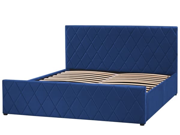 Seng Blå Velour 160 x 200 cm Moderne To Mands Seng med Opbevaring Blød Sengegavl Dobbeltseng Sengeramme Retro Design