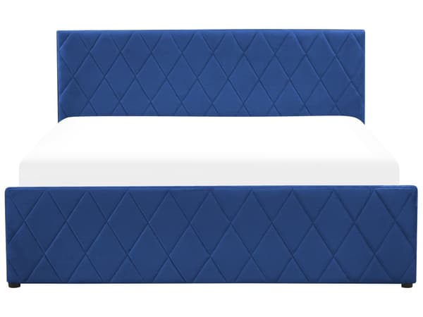 Seng Blå Velour 160 x 200 cm Moderne To Mands Seng med Opbevaring Blød Sengegavl Dobbeltseng Sengeramme Retro Design