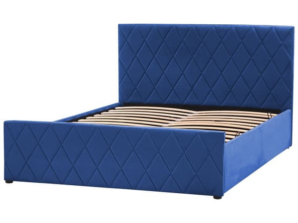 Seng Blå Velour 140 x 200 cm Moderne Trekvart Seng med Opbevaring Blød Sengegavl Halvandenmands 3 kvart Seng Retro Design Soveværelse