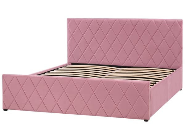 Seng Lyserød Velour 160 x 200 cm Moderne To Mands Seng med Opbevaring Blød Sengegavl Dobbeltseng Sengeramme Retro Design
