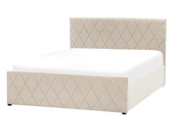 Seng Beige Velour 140 x 200 cm Moderne Trekvart Seng med Opbevaring Blød Sengegavl Halvandenmands 3 kvart Seng Retro Design Soveværelse