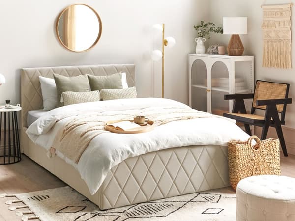 Seng Beige Velour 140 x 200 cm Moderne Trekvart Seng med Opbevaring Blød Sengegavl Halvandenmands 3 kvart Seng Retro Design Soveværelse