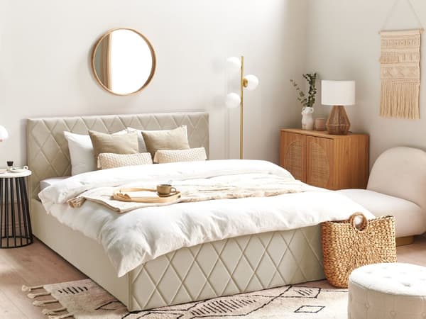 Seng Beige Velour 160 x 200 cm Moderne To Mands Seng med Opbevaring Blød Sengegavl Dobbeltseng Sengeramme Retro Design