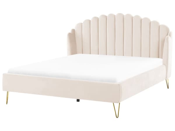 Seng Beige Velour 180 x 200 cm Moderne To Mands Seng Kanal Tuftet Sengegavl Dobbeltseng Sengeramme Retro Design Metalben
