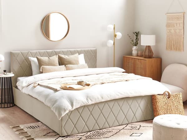 Sänky säilytystilalla beige sametti 180 x 200 cm sälepohja timanttitikattu sängynpääty moderni tyyli